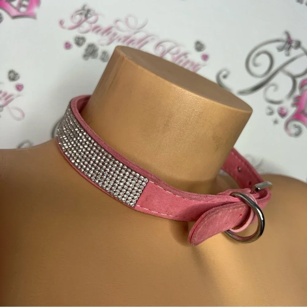 Bling collar rhinestone diamonds animal dog necklace collar choker suede pink